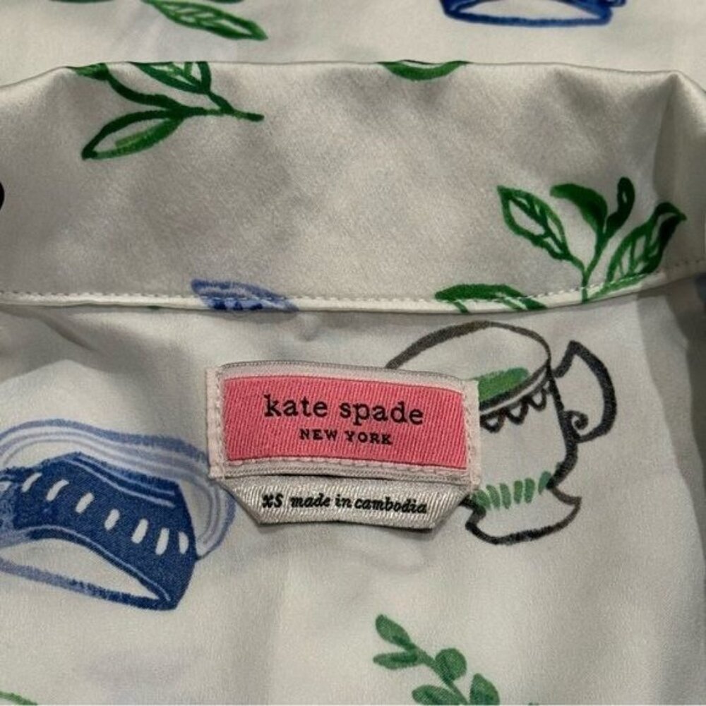 Kate‎ Spade Blue Green Novelty Coffee Print Satin Pajama Top Cozy Feminine XS - Picture 7 of 10